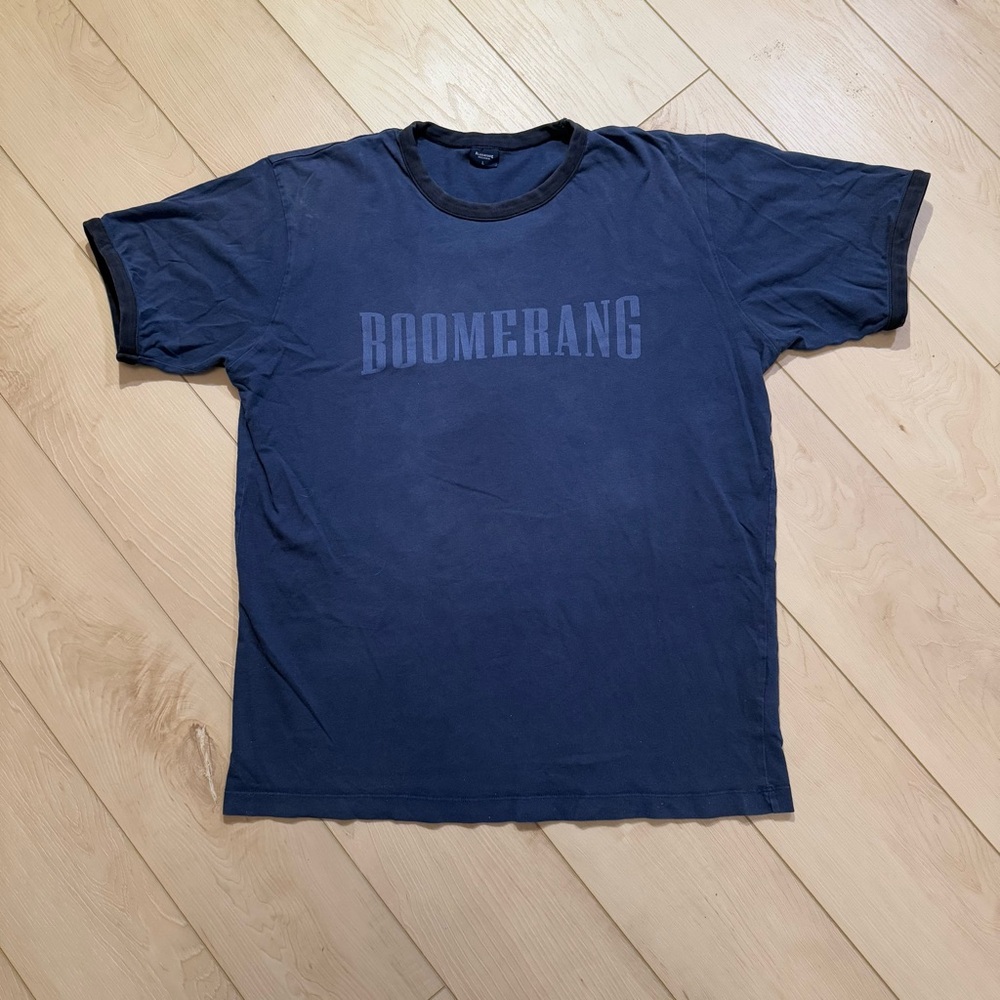 boomerang stockholm washed dark blue short sleeve ringer tee with graphic text
